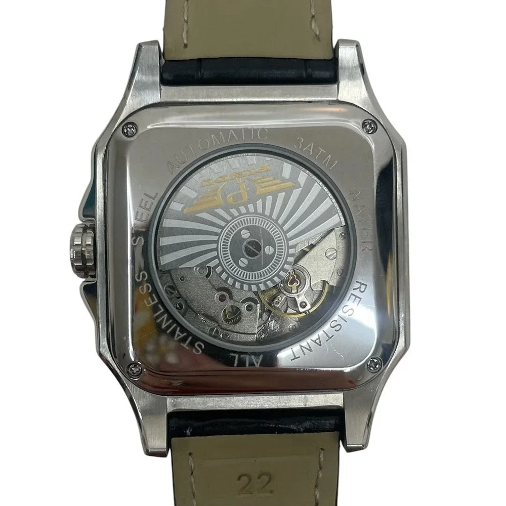 PINDU P6515 Men's Square‎ Automatic Watch Leather Deployment Clasp Dress 22mm
